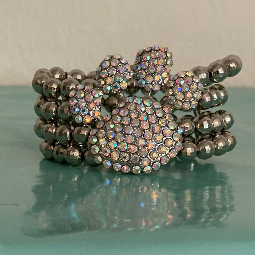 Women's Fashion Silver Beaded Bracelet with Clear Crystal Paw